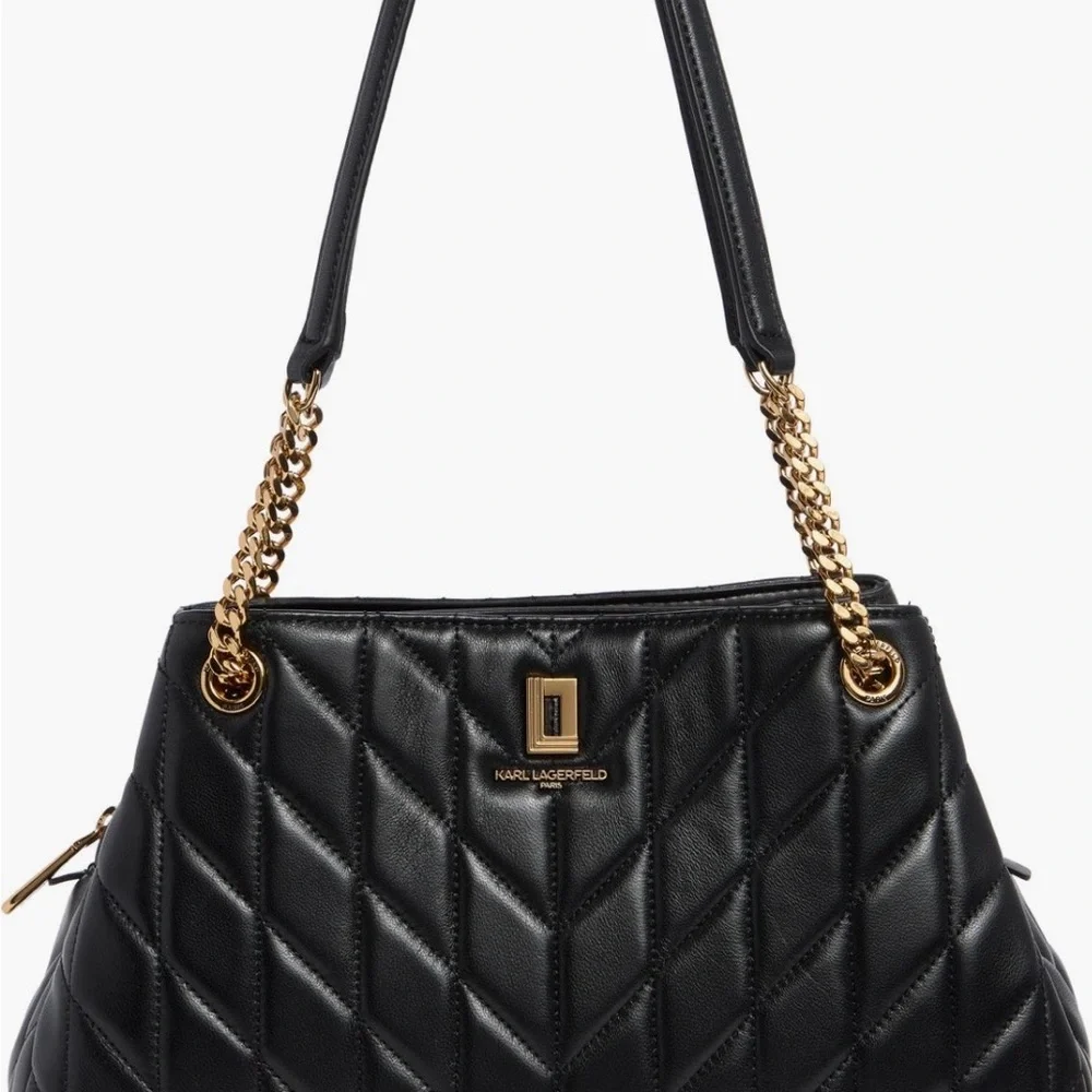 Karl Lagerfeld Black Quilted Shoulder Bag with Gold Chain Detail
